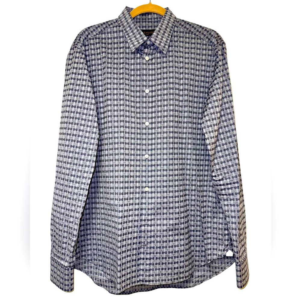 Louis Vuitton Men's Gray and Navy Patterned Dress Shirt
